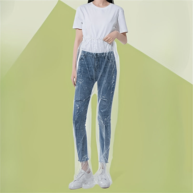 Transparent Disposable Rain Pants shown full length over jeans and sneakers