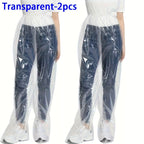Disposable Rain Pants transparent 2-piece pack shown worn over everyday clothing and shoes