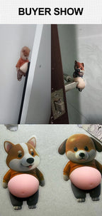 Dog Belly Door Buffer customer views showing door installations and two dog variants