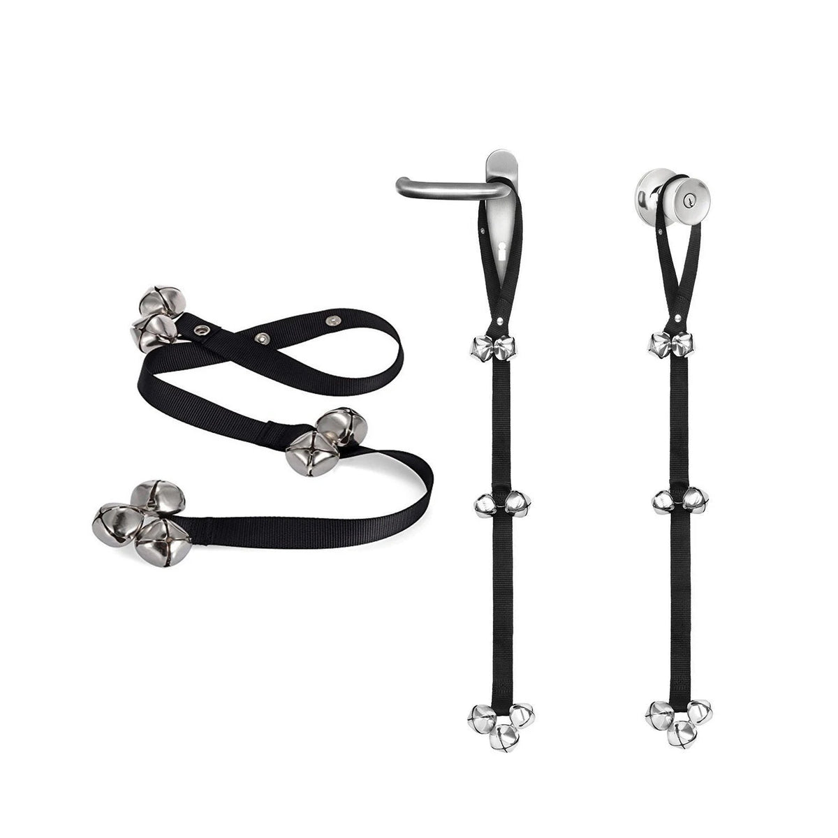 Black dog training bell strap shown flat and hanging from a lever handle and round doorknob