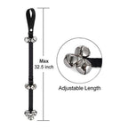 Black dog potty training bell strap showing maximum 32.5-inch length and silver bell close-up