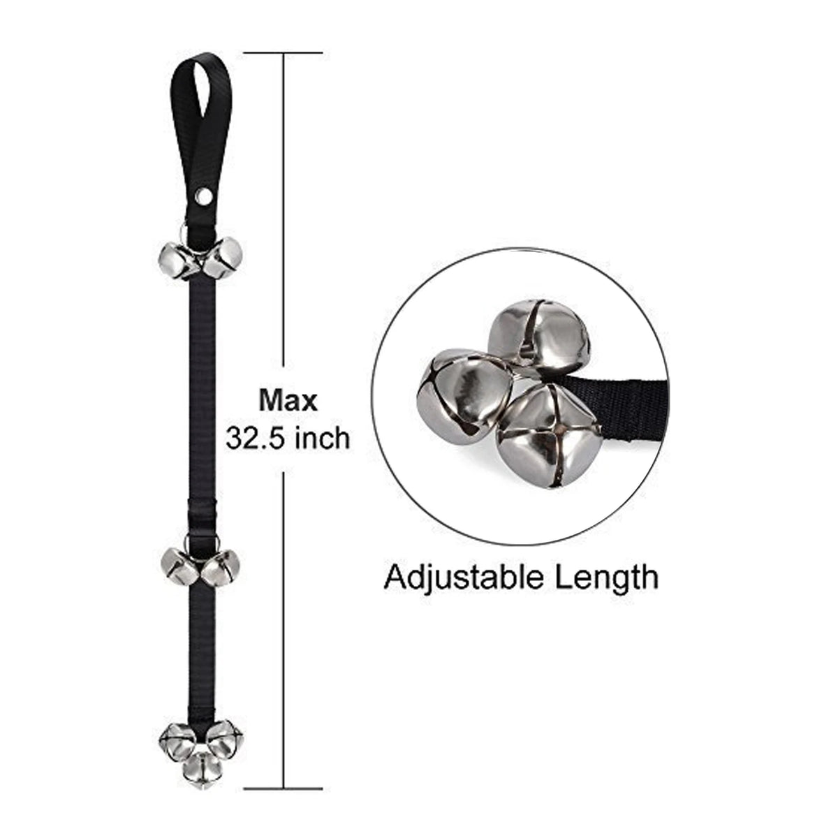 Black dog potty training bell strap showing maximum 32.5-inch length and silver bell close-up