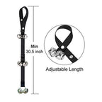 Adjustable black dog doorbell strap showing minimum 30.5-inch length and snap fastening