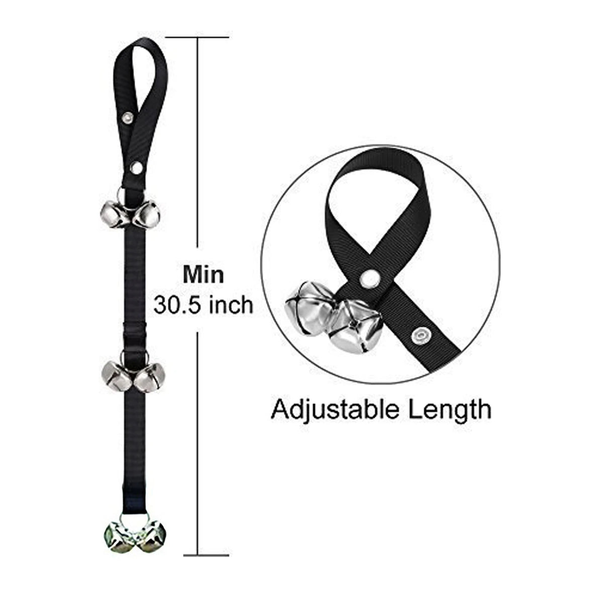 Adjustable black dog doorbell strap showing minimum 30.5-inch length and snap fastening
