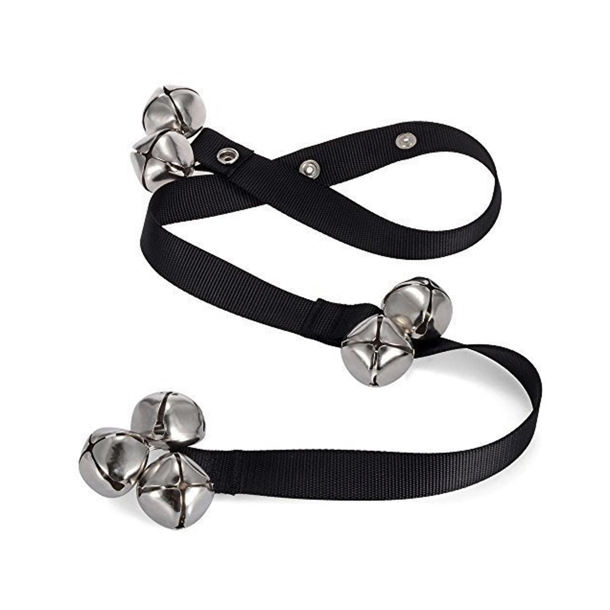 Black nylon dog training bell strap laid flat with three groups of silver bells