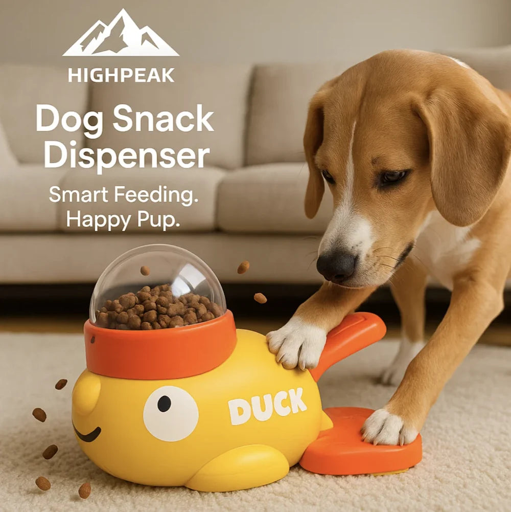 Dog snack dispenser shaped like a duck with a dog interacting with it, branded as Highpeak.