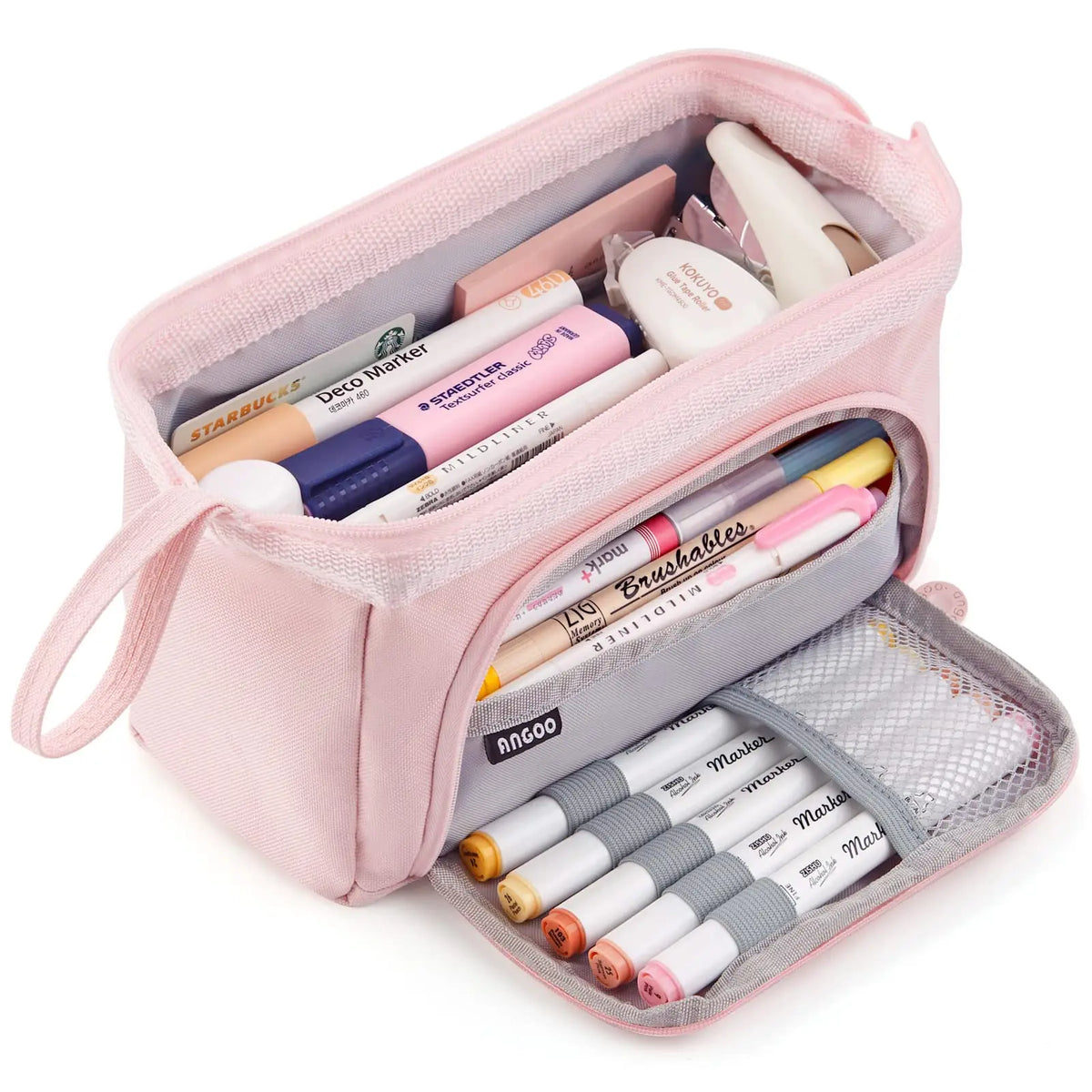 Double Compartment Pencil Case in Beige Pink showing the open main section, mesh pocket and five pen loops.
