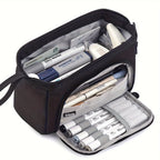Double Compartment Pencil Case in black showing its roomy main compartment and elastic pen loops.