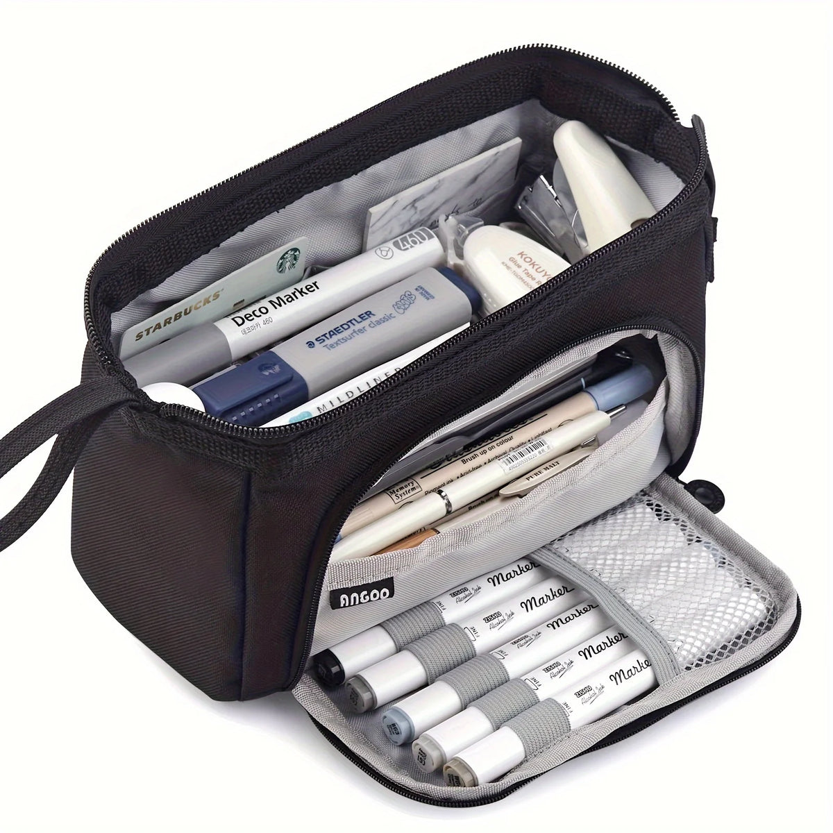 Double Compartment Pencil Case in black showing its roomy main compartment and elastic pen loops.