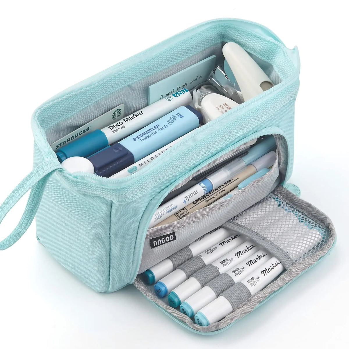 Double Compartment Pencil Case in blue with both compartments open and pens arranged in the front loops.