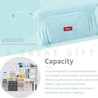 Double Compartment Pencil Case guide showing the side carry loop and an example stationery storage layout.