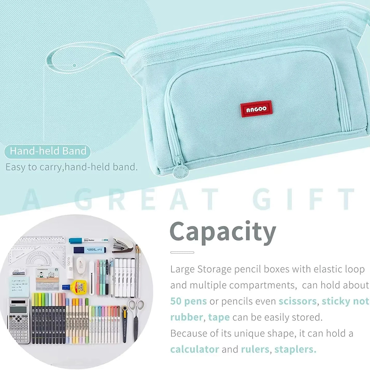 Double Compartment Pencil Case guide showing the side carry loop and an example stationery storage layout.