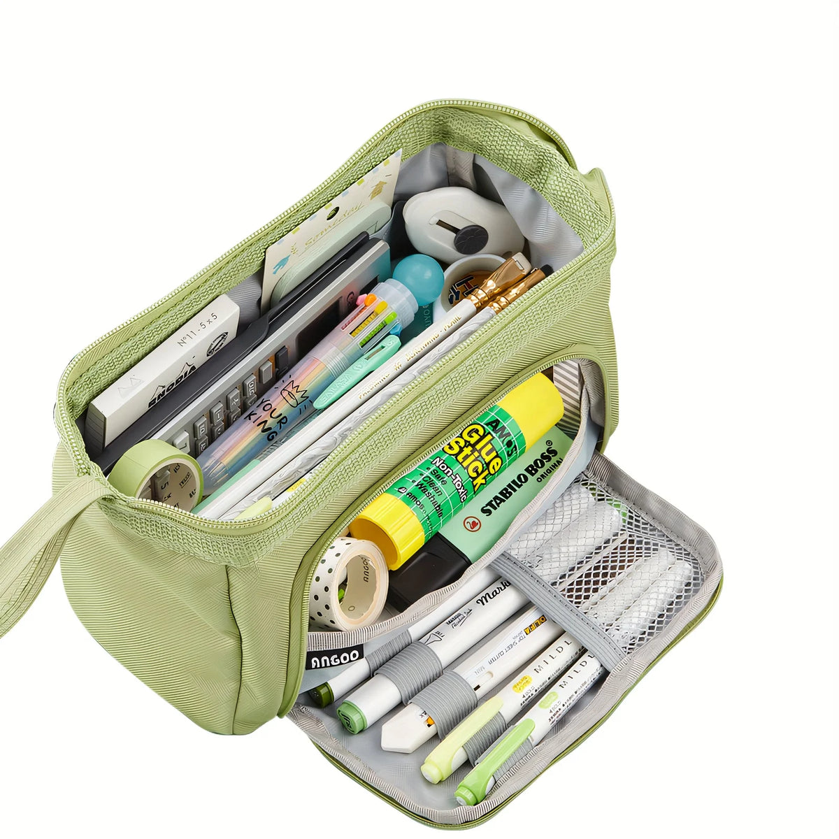 Double Compartment Pencil Case in green with open compartments, mesh pocket and stationery shown for scale.