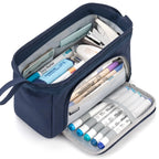 Double Compartment Pencil Case in navy with the main section and front pen organizer unzipped.