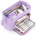 Double Compartment Pencil Case in purple with pens in the front organizer and small supplies in the main section.