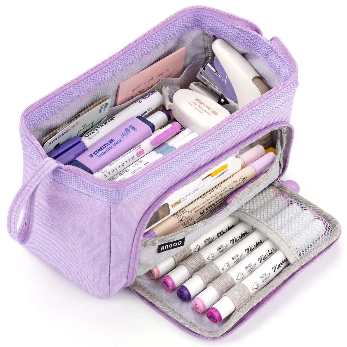 Double Compartment Pencil Case in purple with pens in the front organizer and small supplies in the main section.