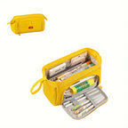 Double Compartment Pencil Case in yellow shown open with stationery and a smaller closed-case view.