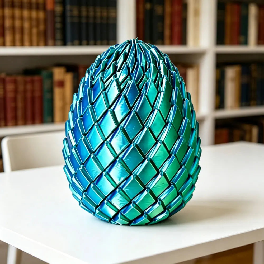 Dragon Egg Fidget Toy in glossy blue and green displayed upright on a desk near bookshelves
