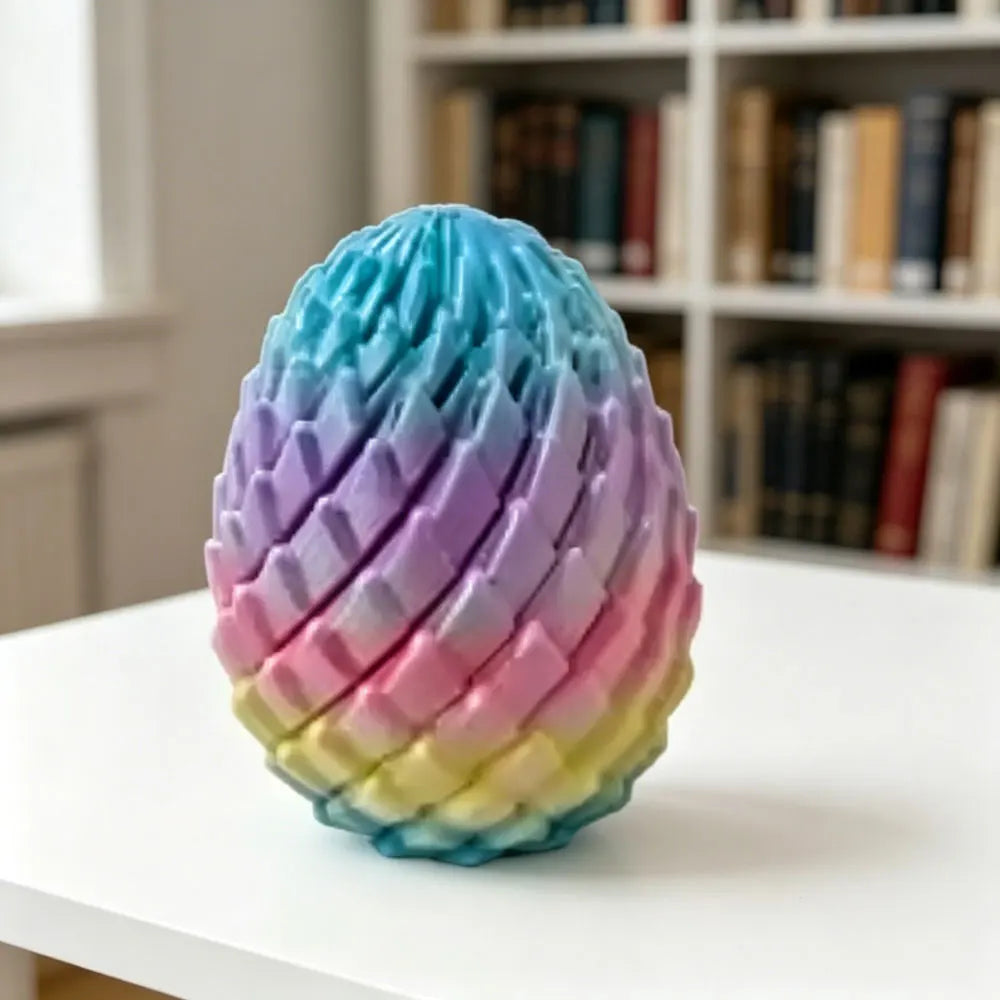 Dragon Egg Fidget Toy rainbow version displayed upright on a white desk near bookshelves
