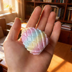 Dragon Egg Fidget Toy rainbow version resting in an open hand to demonstrate compact scale