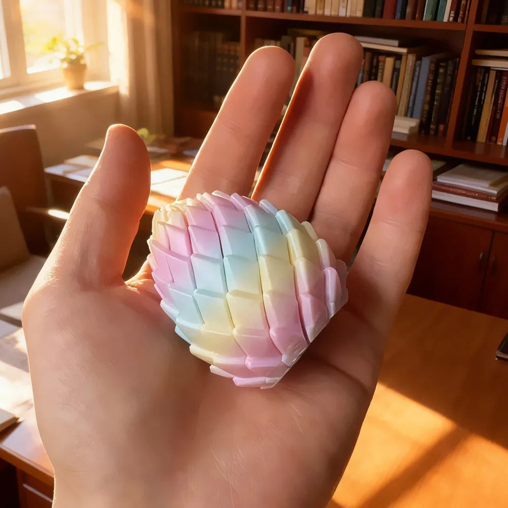 Dragon Egg Fidget Toy rainbow version resting in an open hand to demonstrate compact scale