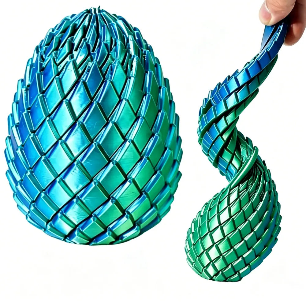 Dragon Egg Fidget Toy in sky blue and green shown upright and twisted into a flexible spiral