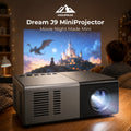 Dream J9 MiniProjector in black projecting a movie in a cozy kids bedroom with HighPeak branding