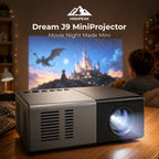 Dream J9 MiniProjector in black projecting a movie in a cozy kids bedroom with HighPeak branding