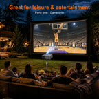 Dream J9 MiniProjector on a stand projecting an outdoor basketball movie for a backyard watch party