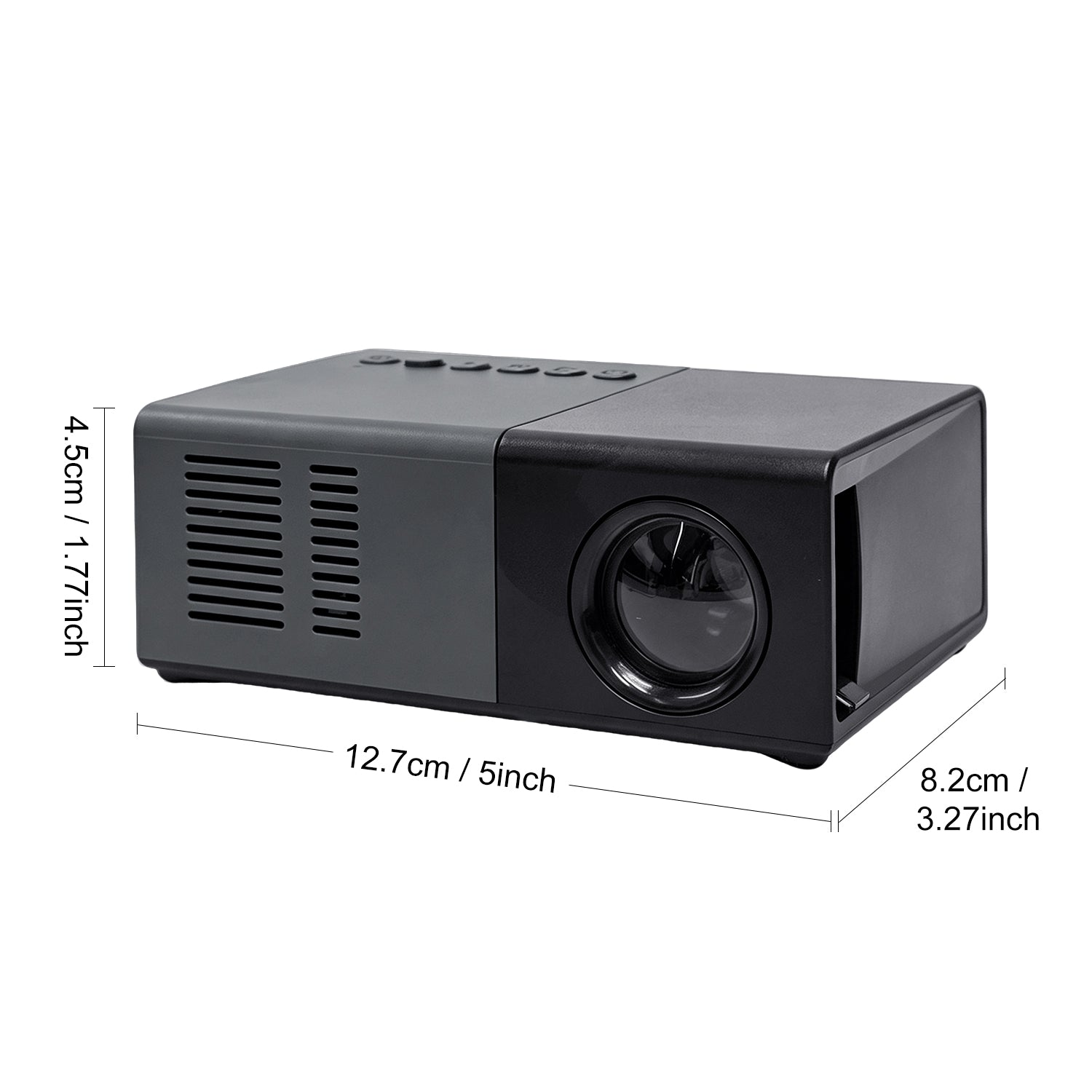 Dream J9 MiniProjector dimension guide showing a 5 by 3.27 by 1.77 inch compact black body