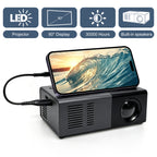 Dream J9 MiniProjector connected to a phone with LED light source, built-in speaker, and 80 inch display