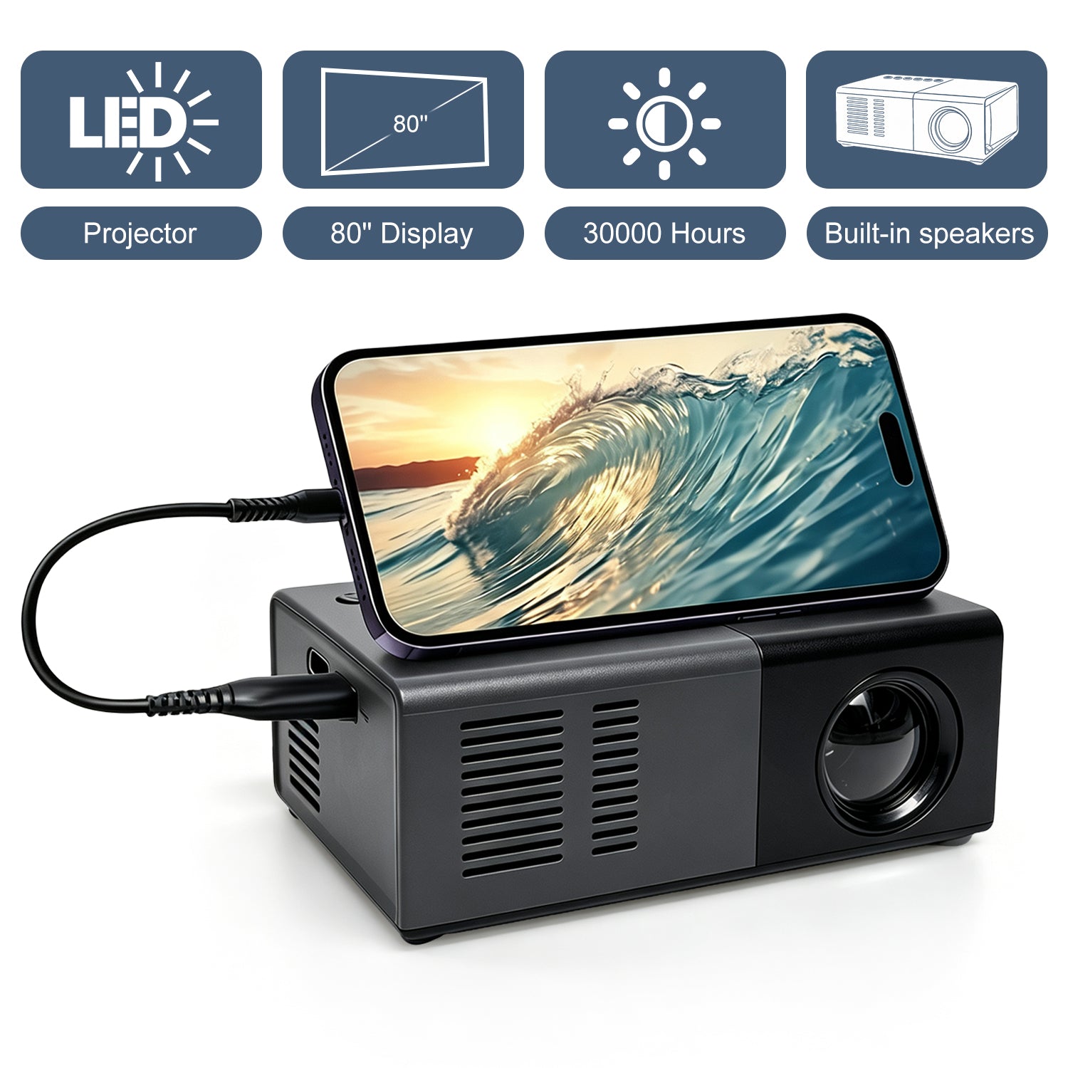 Dream J9 MiniProjector connected to a phone with LED light source, built-in speaker, and 80 inch display