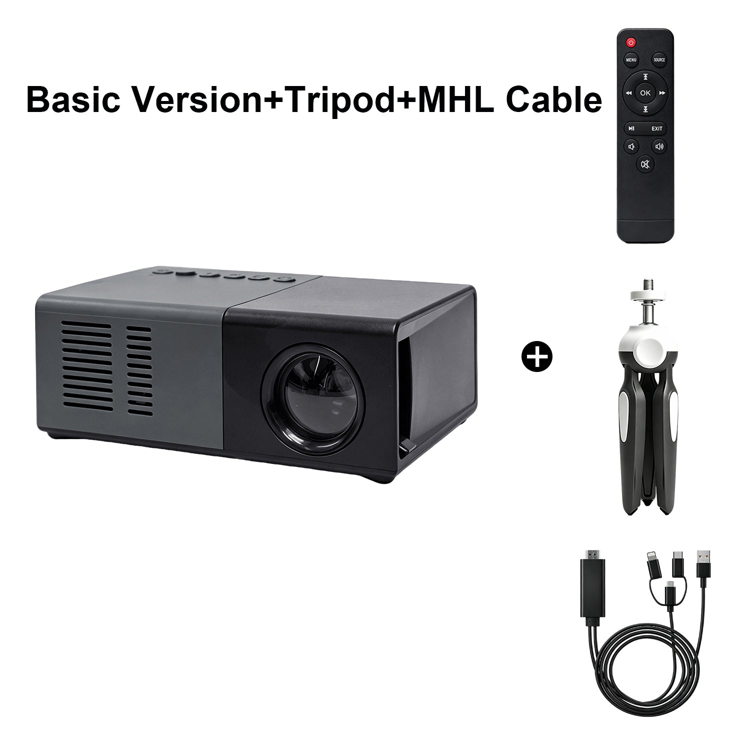 Dream J9 MiniProjector Tripod and MHL Cable pack with black projector, remote, tripod, and cable