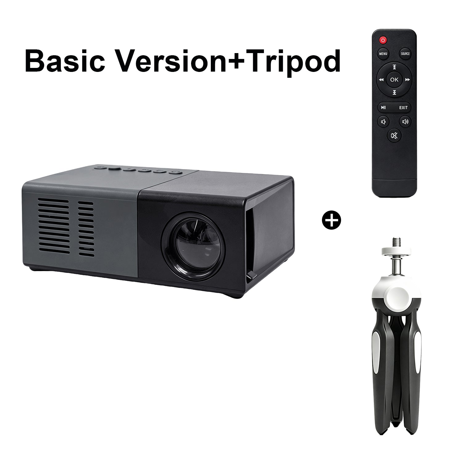 Dream J9 MiniProjector and Tripod pack with black projector, remote, and mini tripod