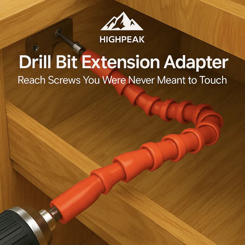 HighPeak Drill Bit Extension Adapter in orange flexible shaft reaching screws in a tight wooden cabinet corner
