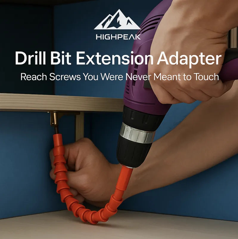 HighPeak Drill Bit Extension Adapter in orange attached to a purple drill reaching screws in tight cabinet space.