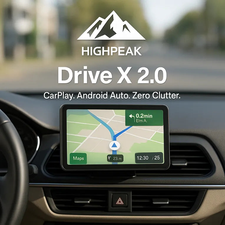 HighPeak Drive X 2.0 smart 7-inch touchscreen mounted on car dashboard showing navigation map with wireless CarPlay.
