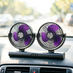 Charcoal Dual Head Portable Fan positioned on a car dashboard with both fan heads facing forward