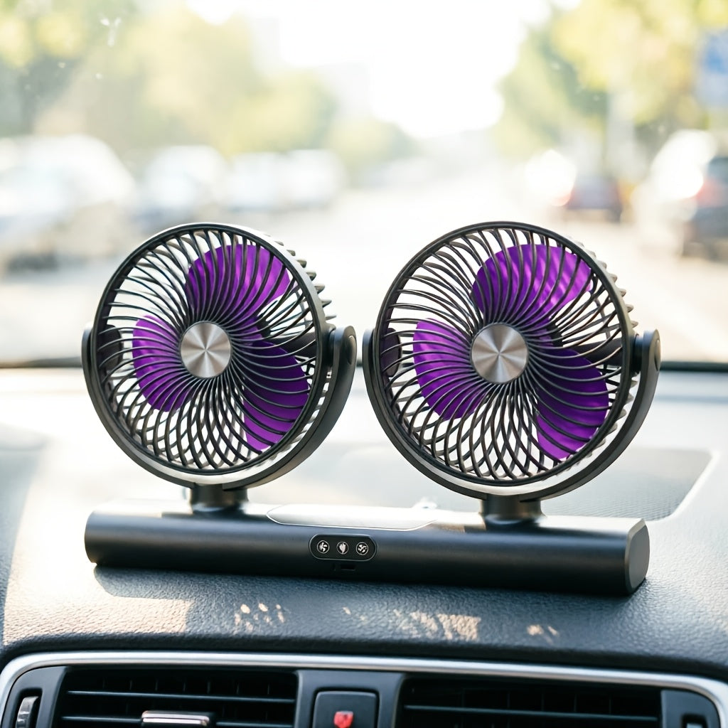 Charcoal Dual Head Portable Fan positioned on a car dashboard with both fan heads facing forward