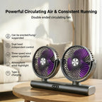 Charcoal Dual Head Portable Fan on a wooden table beside callouts for controls, speeds, light and USB-C