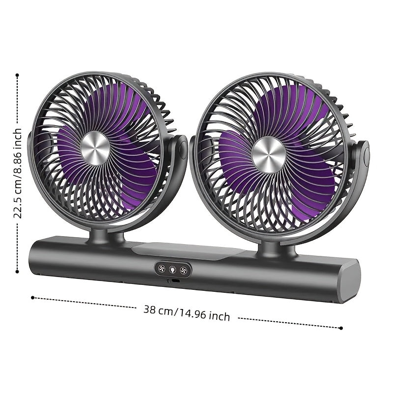 Dual Head Portable Fan in charcoal gray with purple blades, showing 38 cm width and 22.5 cm height
