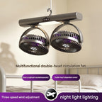 Dual Head Portable Fan suspended over a bedroom setting with both heads tilted down and the light on