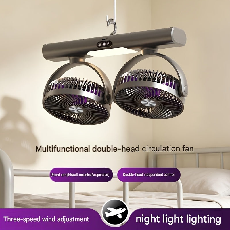 Dual Head Portable Fan suspended over a bedroom setting with both heads tilted down and the light on