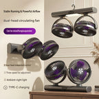 Dual Head Portable Fan collage showing tabletop, wall-mounted and hanging placement with the light on