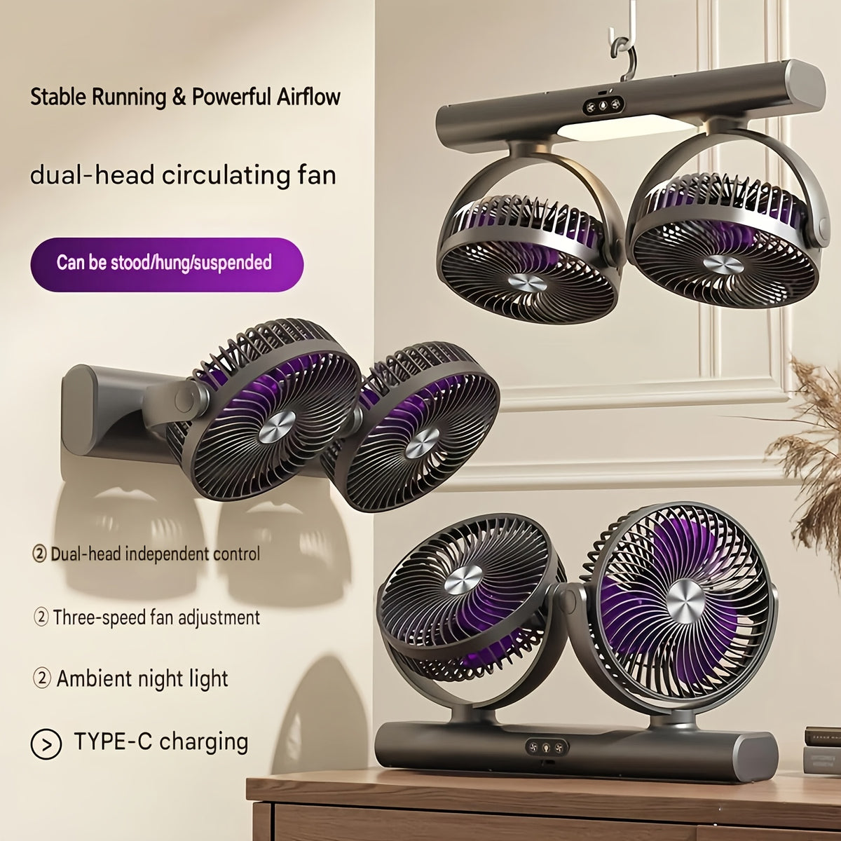 Dual Head Portable Fan collage showing tabletop, wall-mounted and hanging placement with the light on