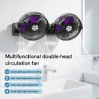 Dual Head Portable Fan mounted on a tiled wall beside a sink, with airflow and feature illustrations