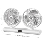 Dual Head Portable Fan in white with a dimension diagram showing 38 cm width and 22.5 cm height