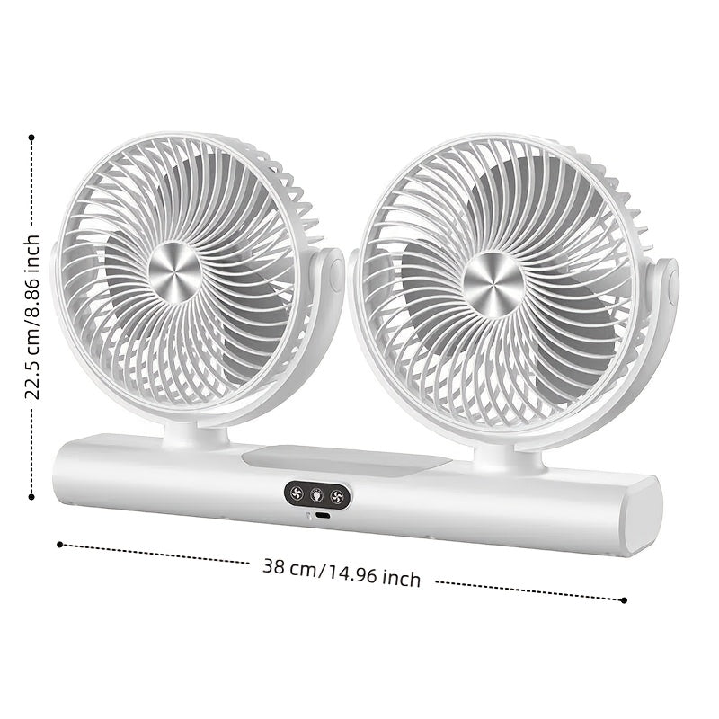 Dual Head Portable Fan in white with a dimension diagram showing 38 cm width and 22.5 cm height