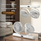 White Dual Head Portable Fan shown hanging and standing on a table with independently angled heads