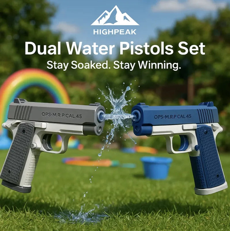 HighPeak Dual Water Pistols Set in gray and blue shooting water with rainbow and outdoor play area background